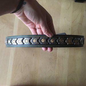 Vintage Black Belt green + yellow stitching metal